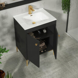 Royal Bathrooms Verona 600mm Matt Black Floor Standing Vanity Unit 2 Door With Ceramic Basin & Brushed Brass Knob - thumbnail 5