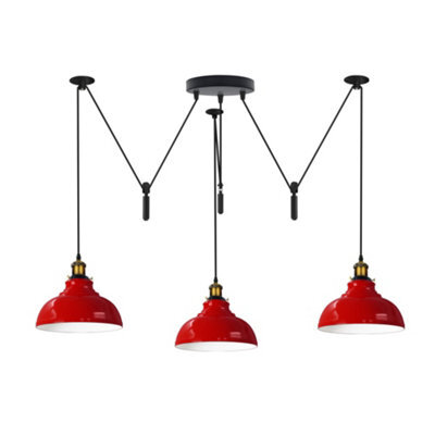 Red 3 Light Pulley Pendant Light Adjustable 2M Dome Lampshade E27 Base 110-240V Ceiling Fixture For Bedroom & Dining Room - image 1