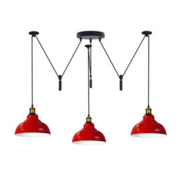 Red 3 Light Pulley Pendant Light Adjustable 2M Dome Lampshade E27 Base 110-240V Ceiling Fixture For Bedroom & Dining Room