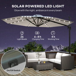 Outsunny 3(M) Cantilever Parasol Patio Sun Umbrella W/ Base Solar Lights Grey - thumbnail 4