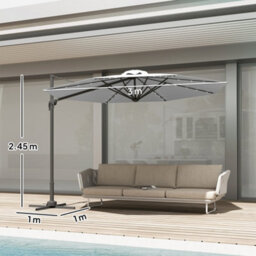 Outsunny 3(M) Cantilever Parasol Patio Sun Umbrella W/ Base Solar Lights Grey - thumbnail 3