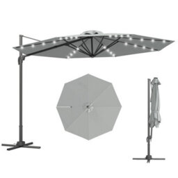 Outsunny 3(M) Cantilever Parasol Patio Sun Umbrella W/ Base Solar Lights Grey - thumbnail 2