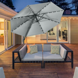 Outsunny 3(M) Cantilever Parasol Patio Sun Umbrella W/ Base Solar Lights Grey - thumbnail 1