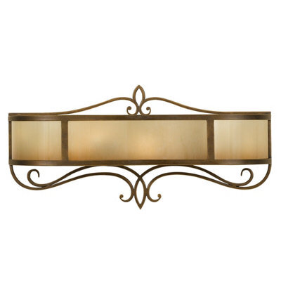 Elegant Twin Wall Light With Iron Scroll Detail And Aged Oak Glass Finish