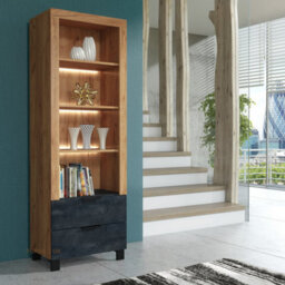 Furneo Display Cabinet Oak & Black Concrete Effect Modern Storage Cupboard White Led Lights Enzo 08 - thumbnail 1