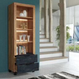 Furneo Display Cabinet Oak & Black Concrete Effect Modern Storage Cupboard White Led Lights Enzo 08 - thumbnail 2