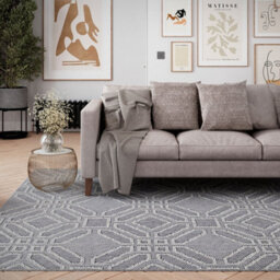 Loomed Blue Geometric Tile Textured 3D Pile Living Area Rug 80X150Cm - thumbnail 1