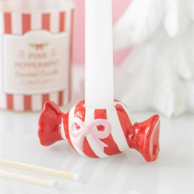 Christmas Candy Taper Candle Holder Festive Ceramic Candlestick - image 1