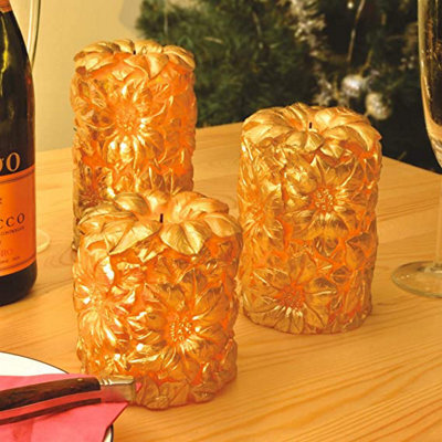 3 X Carved Gold Floral Real Wax Led Pillar Candles - Battery Powered Flickering Light Home Decoration - 1 Of Each 10, 12 & 15Cm - image 1