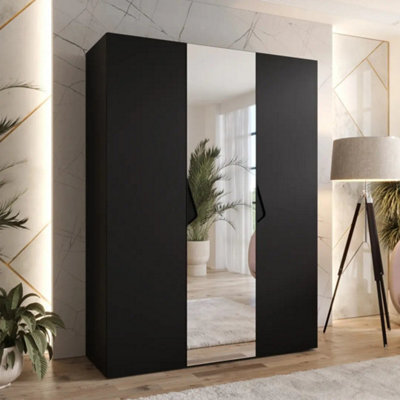 Arte Sandi Ii Hinged Door Wardrobe 150Cm - Black Modern Triple-Door Mirrored Wardrobe With Rails And Shelves - image 1