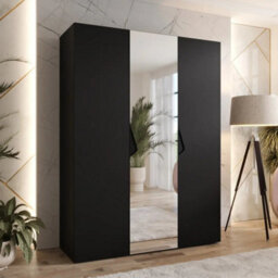 Arte Sandi Ii Hinged Door Wardrobe 150Cm - Black Modern Triple-Door Mirrored Wardrobe With Rails And Shelves - thumbnail 1