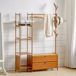 Living And Home Bamboo Clothes Rail Clothing Hanging Stand Garment Rack With 2 Shoe Rack And 4 Shelves - thumbnail 4