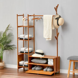 Living And Home Bamboo Clothes Rail Clothing Hanging Stand Garment Rack With 2 Shoe Rack And 4 Shelves - thumbnail 2