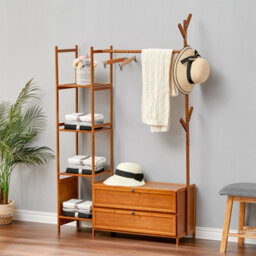 Living And Home Bamboo Clothes Rail Clothing Hanging Stand Garment Rack With 2 Shoe Rack And 4 Shelves - thumbnail 3