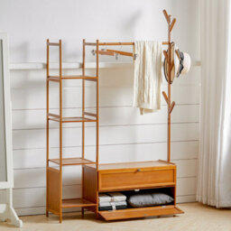 Living And Home Bamboo Clothes Rail Clothing Hanging Stand Garment Rack With 2 Shoe Rack And 4 Shelves - thumbnail 1
