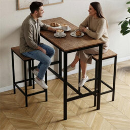 Dark Wood Bar Table & Stool Set 2 Seater Chair Industrial Kitchen Dining Room - thumbnail 3