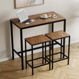 Dark Wood Bar Table & Stool Set 2 Seater Chair Industrial Kitchen Dining Room - thumbnail 1