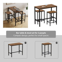 Dark Wood Bar Table & Stool Set 2 Seater Chair Industrial Kitchen Dining Room - thumbnail 2