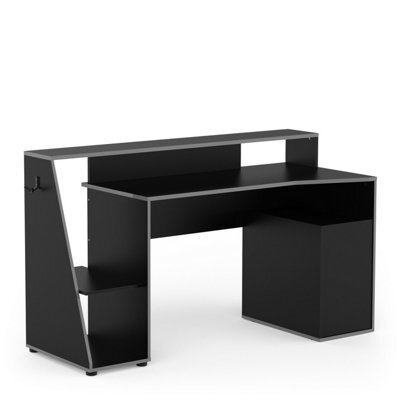 FurniComp LTD Furnicomp Turin 1 Door Matt Black And Grey Gaming Desk With Hutch - image 1