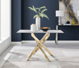 Furniturebox Uk Leonardo White Glass Marble Effect Gold Leg Table & 4 Blue Pesaro Gold Leg Chairs - thumbnail 3