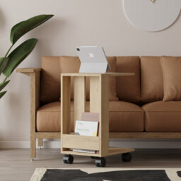 Decortie Edi Modern C-Shape Side End Table With Wheels 60Cm Multipurpose Oak Sofa Bed Living Room - thumbnail 1