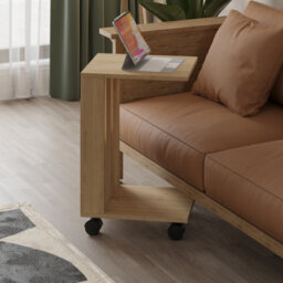 Decortie Edi Modern C-Shape Side End Table With Wheels 60Cm Multipurpose Oak Sofa Bed Living Room - thumbnail 4