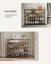 Songmics Shoe Storage Shelf 5 Tier, Narrow Shoe Organizer, 4 Fabric Shelves & Upper Section, Industrial, Rustic Brown & Black - thumbnail 7
