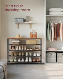 Songmics Shoe Storage Shelf 5 Tier, Narrow Shoe Organizer, 4 Fabric Shelves & Upper Section, Industrial, Rustic Brown & Black - thumbnail 3