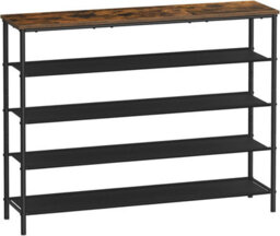 Songmics Shoe Storage Shelf 5 Tier, Narrow Shoe Organizer, 4 Fabric Shelves & Upper Section, Industrial, Rustic Brown & Black - thumbnail 9