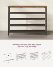 Songmics Shoe Storage Shelf 5 Tier, Narrow Shoe Organizer, 4 Fabric Shelves & Upper Section, Industrial, Rustic Brown & Black - thumbnail 8