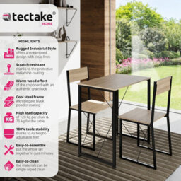 Tectake Dining Table And Chairs Margate - 3-Piece Set - Industrial Wood Light, Oak Sonoma - thumbnail 2