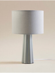 Deenz Ceramic Large Table Lamp Triangle/cone Ribbed Base Matching Drum Linen Detail Fabric Shade Brighten Home Light Grey 35X21 Cm