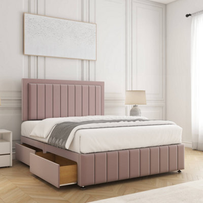 Bsspoke Sophia Divan Bed Set Pink Velvet 24Inch Panel Headboard & Footboard & 2 Drawers Same Side & Mattress In All Sizes - image 1