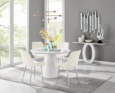 Furniturebox Uk Palma White High Gloss Round Dining Table & 4 Cream Pesaro Silver Leg Chairs - image 1