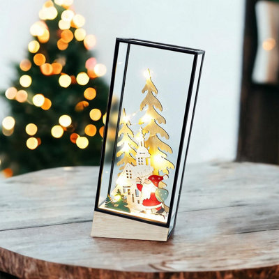 Light Up Festive Village Santa Claus Scene In Hurricane Glass Holder - Battery Powered Christmas Decoration With Led Lights - image 1