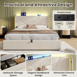 Matteo Double Upholstered Bed Frame With Hydraulic Storage, Led Headboard & Usb Charging - Beige - thumbnail 7