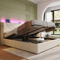 Matteo Double Upholstered Bed Frame With Hydraulic Storage, Led Headboard & Usb Charging - Beige - thumbnail 4