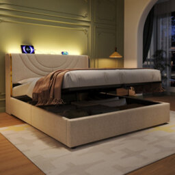 Matteo Double Upholstered Bed Frame With Hydraulic Storage, Led Headboard & Usb Charging - Beige - thumbnail 3