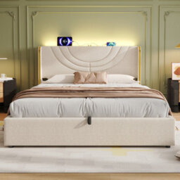 Matteo Double Upholstered Bed Frame With Hydraulic Storage, Led Headboard & Usb Charging - Beige - thumbnail 5