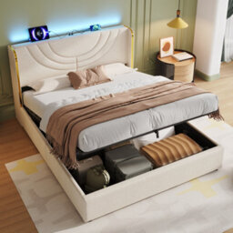 Matteo Double Upholstered Bed Frame With Hydraulic Storage, Led Headboard & Usb Charging - Beige - thumbnail 2