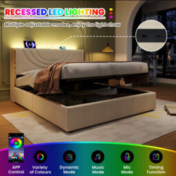 Matteo Double Upholstered Bed Frame With Hydraulic Storage, Led Headboard & Usb Charging - Beige - thumbnail 8