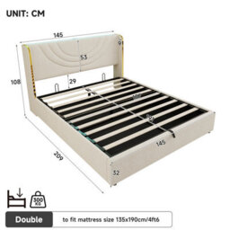 Matteo Double Upholstered Bed Frame With Hydraulic Storage, Led Headboard & Usb Charging - Beige - thumbnail 9
