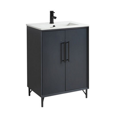 Homestylestore Anthracite 610mm Bathroom Vanity Unit With Basin And Black T Bar Handle - image 1