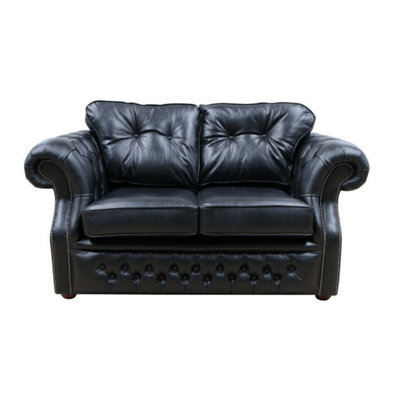 Chesterfield 2 Seater Old English Black Real Leather Sofa Bespoke In Era Style - image 1