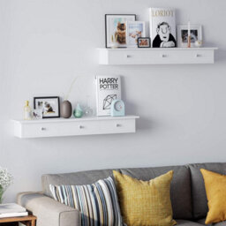Songmics Floating Wall Shelf With 3 Drawers, Wall Storage Unit, For Hallway, Living Room, Bedroom, Kitchen, White - thumbnail 3