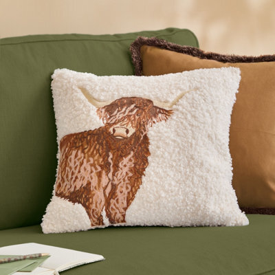Evans Lichfield Boucle Highland Cow Embroidered Feather Filled Cushion, Natural, 45 X 45Cm - image 1