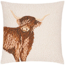 Evans Lichfield Boucle Highland Cow Embroidered Feather Filled Cushion, Natural, 45 X 45Cm - thumbnail 2