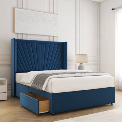 Bsspoke Alina Divan Bed Set Blue Plush Velvet With 54Inch Headboard & 2 Drawers Footend & No Mattress In All Sizes - image 1