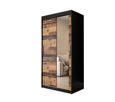 Arte Tilburg 2 Contemporary 2 Mirrored Sliding Door Wardrobe 5 Shelves 2 Rails Dark Oak Effect & Black (H)2000mm (W)1000mm (D)620mm - image 1