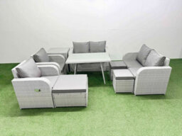 Fimous 9 Seater Rattan Garden Furniture Set Outdoor Love Sofa Set With Dining Table Side Table 3 Footstools Light Grey - thumbnail 1